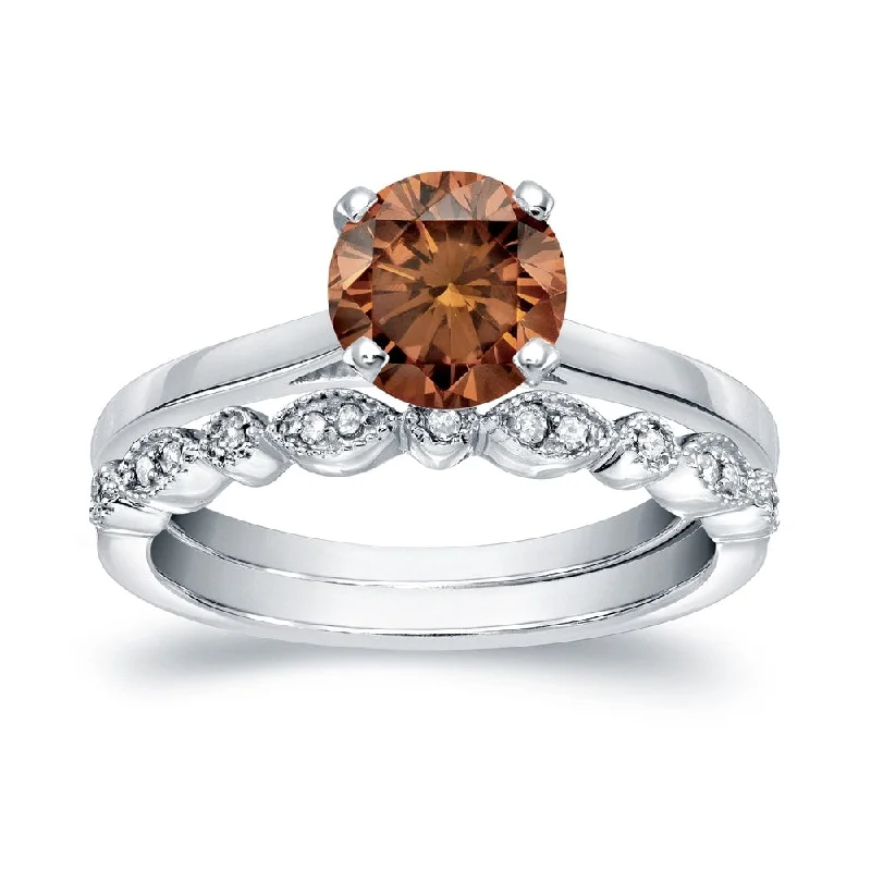 Ladies unique engagement rings-Auriya Vintage Stackable 7/8ctw Solitaire Brown Diamond Engagement Ring Set 14K Gold