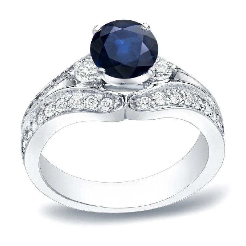 Ladies diamond engagement rings-Auriya Modern 1/2ct Blue Sapphire and 3/4ct TDW 3-Stone Diamond Engagement Ring 14k Gold (H-I, SI1-SI2)