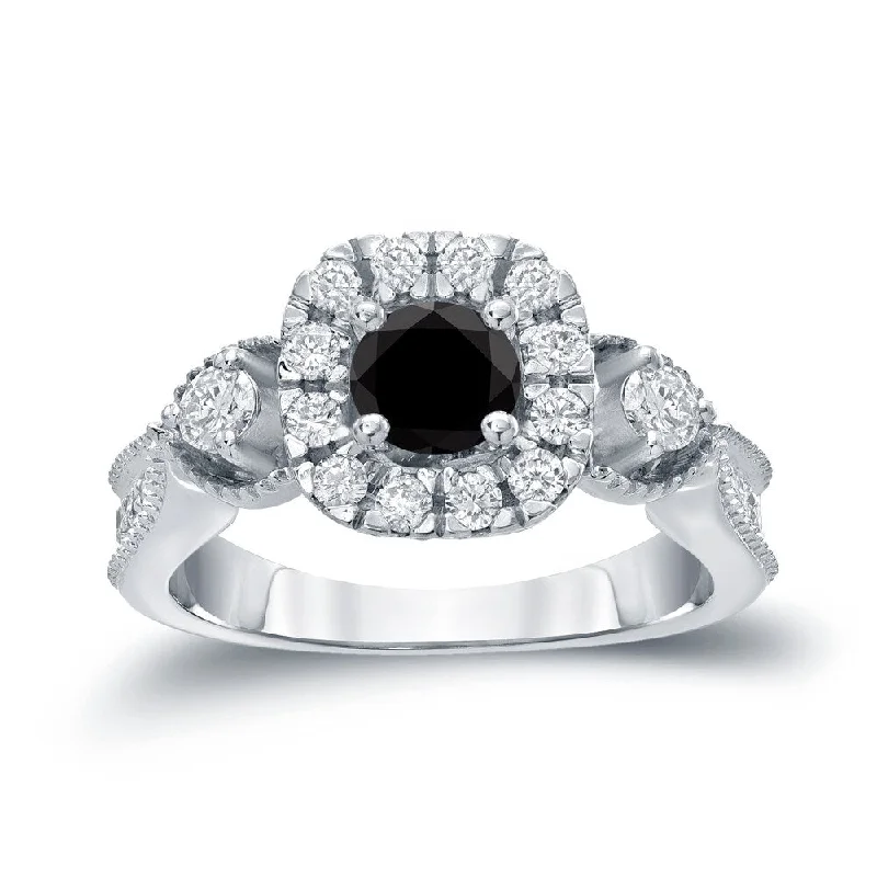 Ladies split-shank engagement rings-14k Gold Round 1ct TDW Black Diamond with Halo Engagement Ring by Auriya