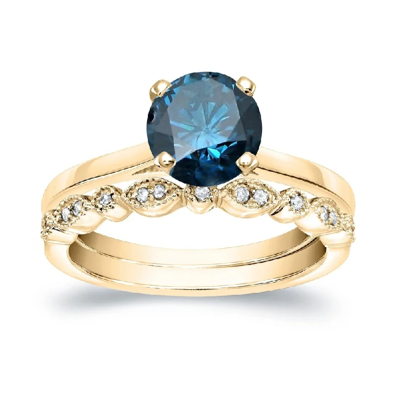 Ladies platinum solitaire engagement rings-Auriya Vintage Stackable 1 1/6ctw Solitaire Blue Diamond Engagement Ring Set 14K Gold