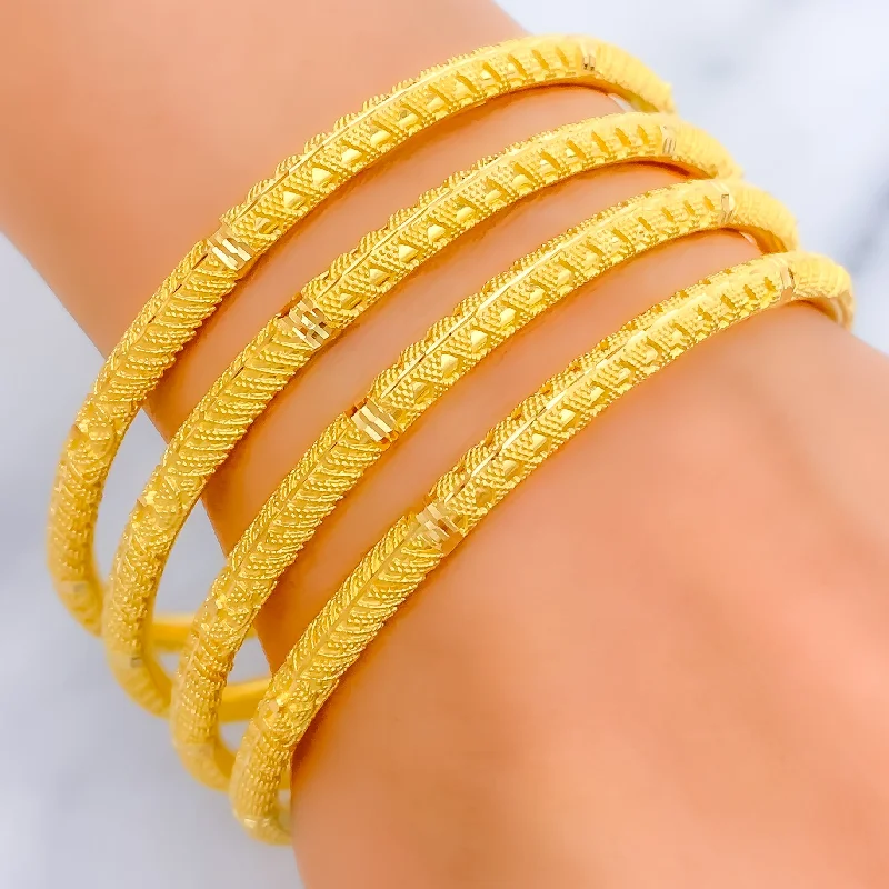 Ladies bridal bracelets-Palatial Striped Smooth 22k Gold Bangles