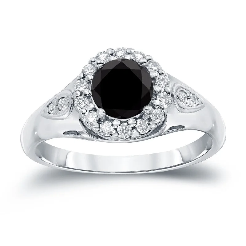 Ladies elegant three-stone engagement rings-Auriya Round Black Diamond Halo Engagement Ring 1 1/4ct TDW 14k Gold