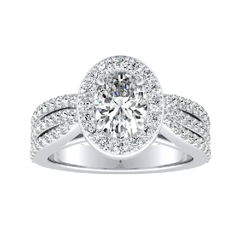 Ladies antique-style engagement rings-Triple Band Oval-cut Halo Diamond Engagement Ring 1 1/2ctw Platinum by Auriya