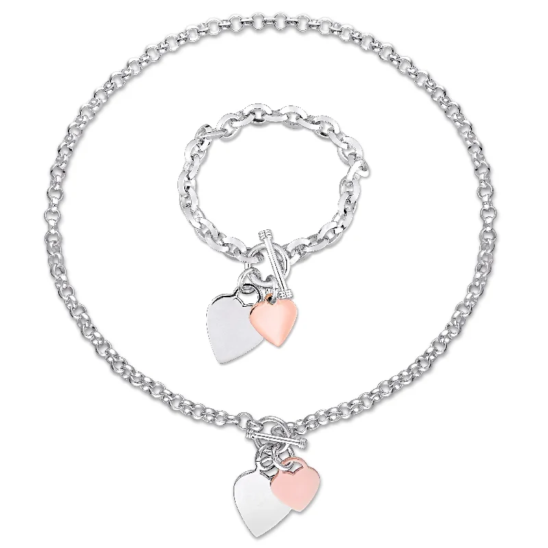 Ladies gold charm bracelets-Miadora 2-Tone White and Rose Plated Sterling Silver Heart Charm Necklace and Bracelet 2-Pc Set