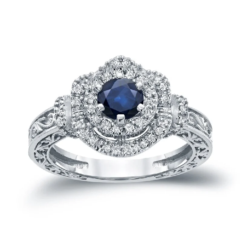 Ladies unique diamond engagement rings-14k Gold Vintage 3/4ct Sapphire and 1/3ct TDW Halo Diamond Engagement Ring