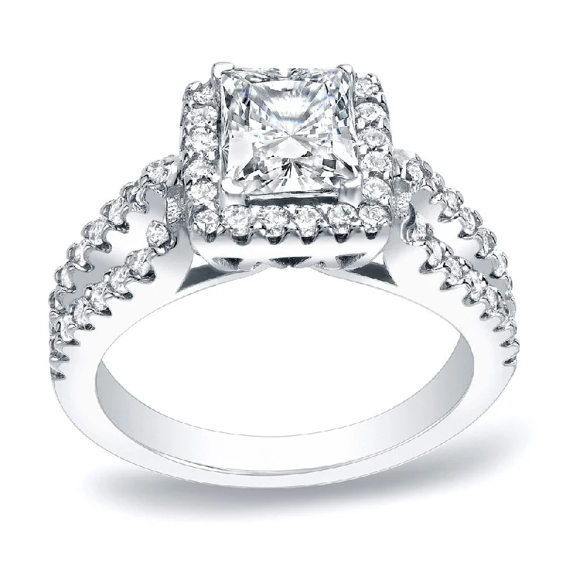 Ladies classic solitaire engagement rings-Auriya 1 3/4ctw Princess-Cut Halo Diamond Engagement Ring Platinum Certified