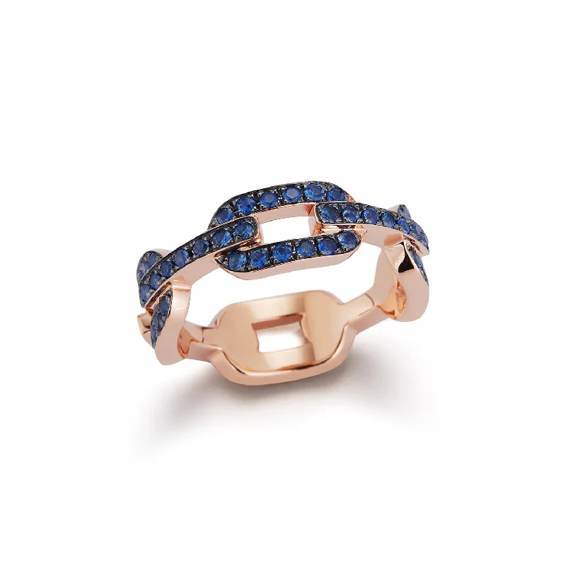 Ladies heart-shaped rings-SAXON 18K GOLD AND ALL BLUE SAPPHIRE FLAT CHAIN LINK RING