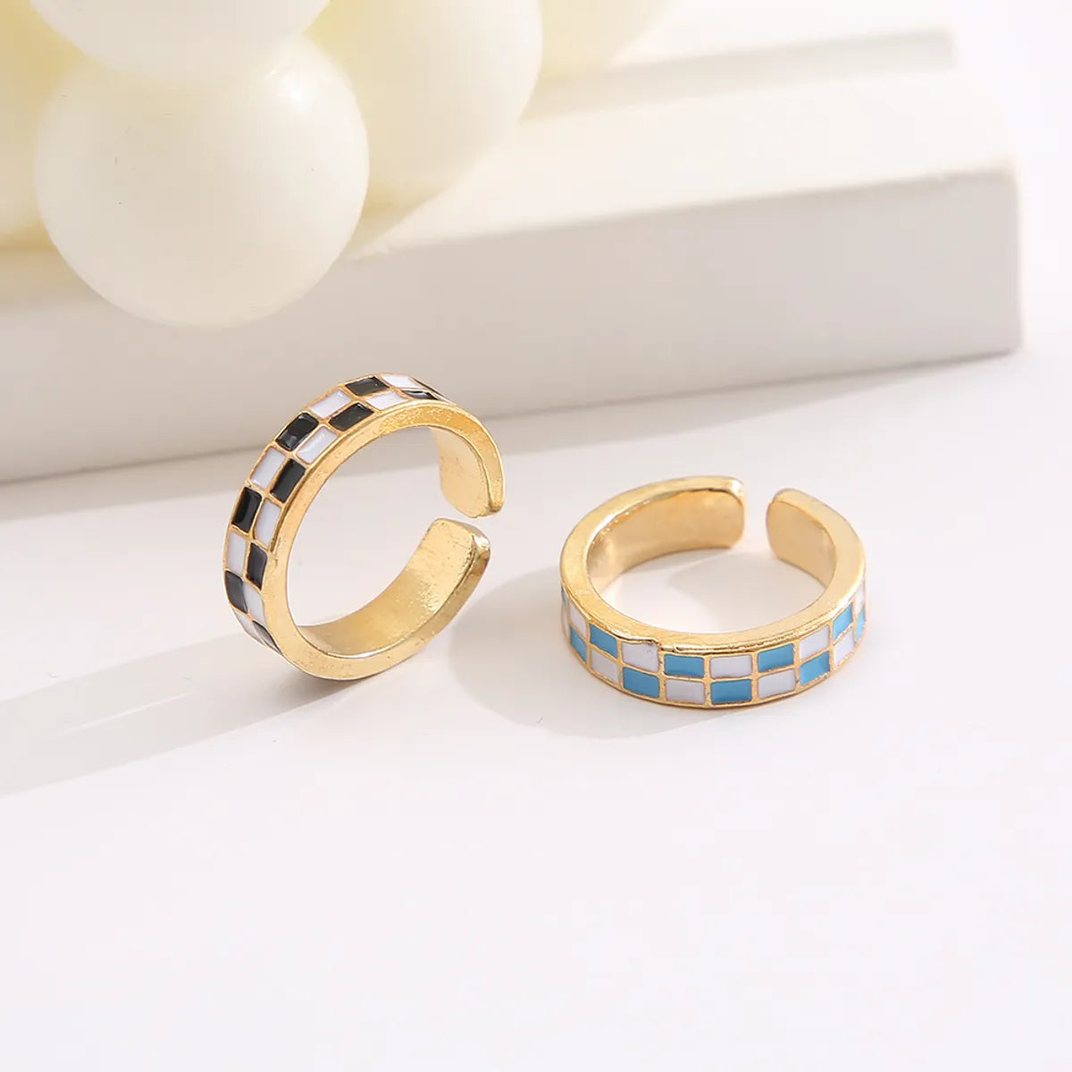 Ladies mixed metal rings-New Alloy Women's Jewelry Klein Blue Drop Oil Checkerboard Grid Double Ring