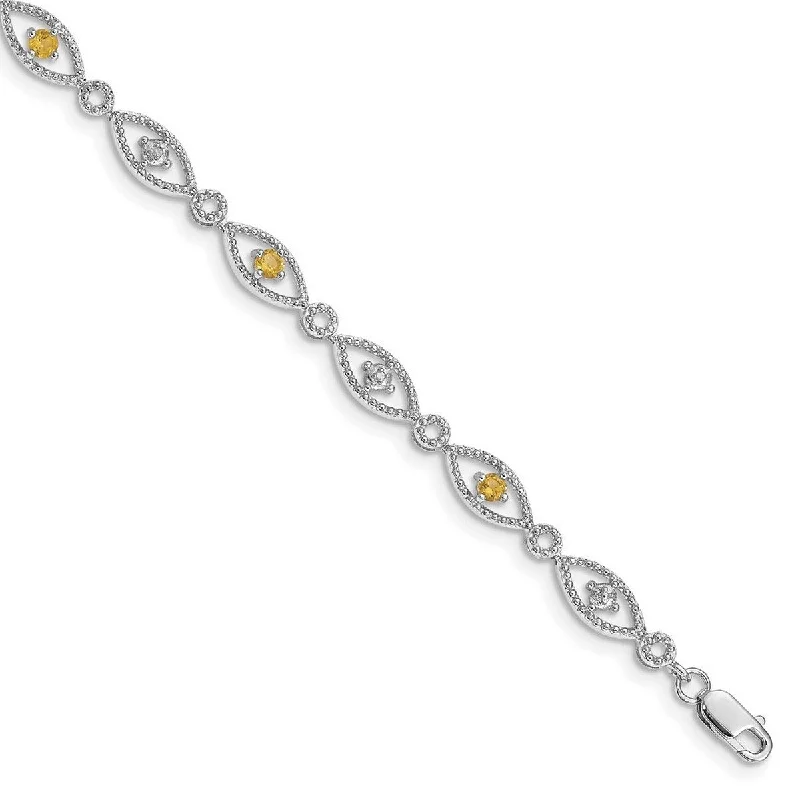 Ladies designer bracelets-Curata 925 Sterling Silver Textured Polished Open back Lobster Claw Closure Citrine Diamond Bracelet