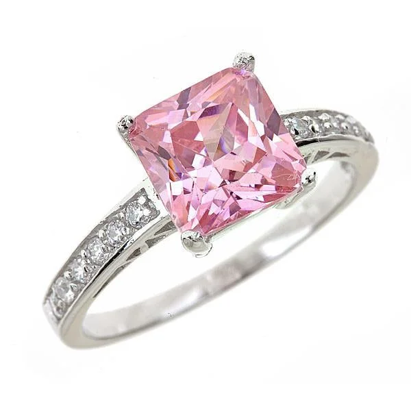 Ladies gemstone rings-Sterling Silver Pink Sapphire CZ Princess Cut Ring