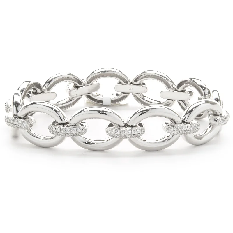 Ladies silver bracelets-18 Karat White Gold Oval Link Bracelet with Pave Diamond Connectors