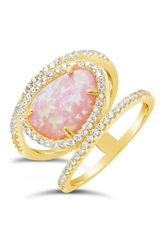 Ladies double-band rings-14K Gold Plated Sterling Silver Created Opal Oval Gemstone Ring