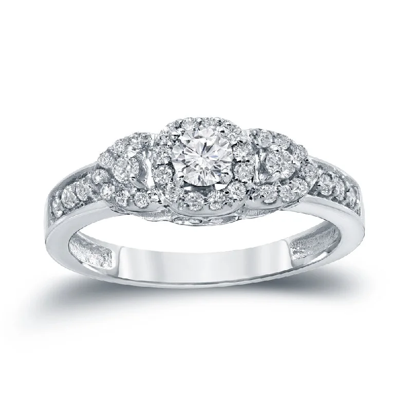 Ladies large diamond engagement rings-Auriya Unique 1/2ct TDW Round 3-Stone Diamond Halo Engagement Ring 14k Gold