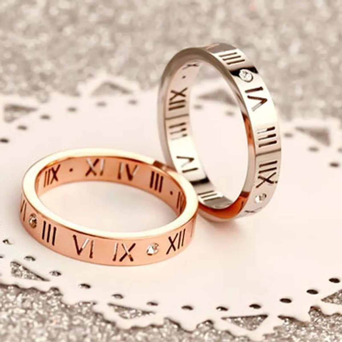 Ladies rose gold wedding rings-Fashion Number Titanium Steel Plating Rhinestones Rings