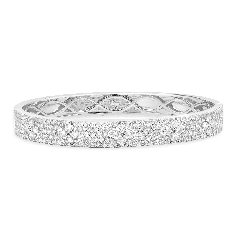 Ladies modern bracelets-18 Karat White Gold Pave Diamond Bangle Bracelet with Floral Cut Out Stations