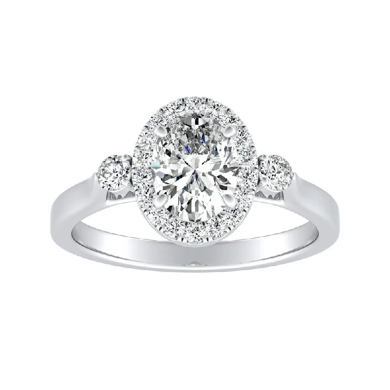 Ladies engagement rings with vintage design-3-stone Halo Oval Diamond Engagement Ring 1/2ctw 14k Gold by Auriya