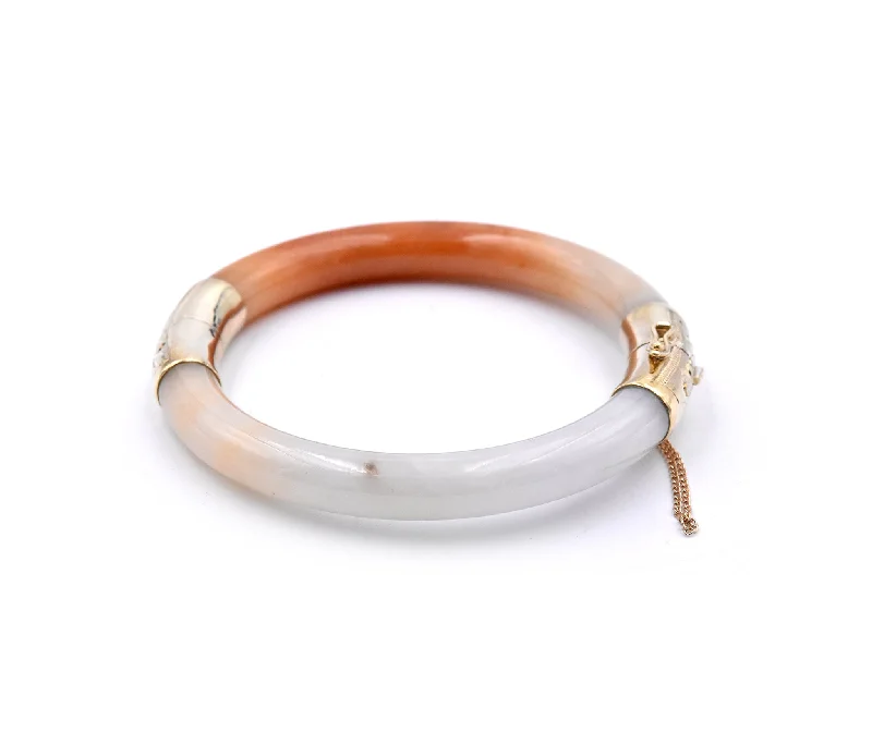 Ladies stackable bangles-14k Yellow Gold White and Burnt Orange Jade Bangle Bracelet