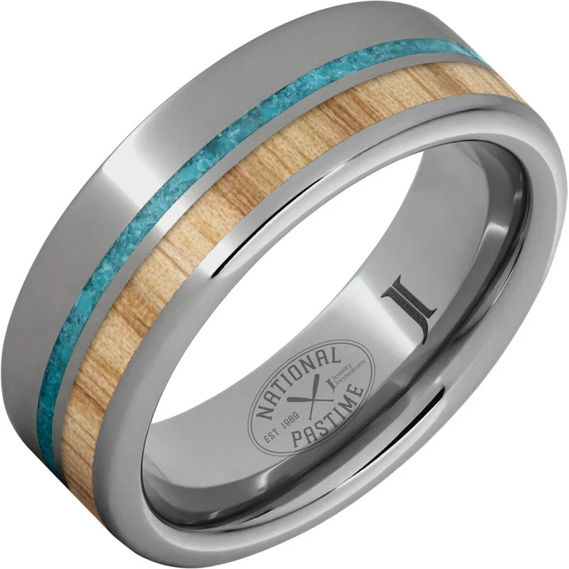 Ladies heart-shaped gemstone rings-National Pastime Collection™ Rugged Tungsten™ Ring with White Ash Vintage Baseball Bat Wood and Turquoise Inlays