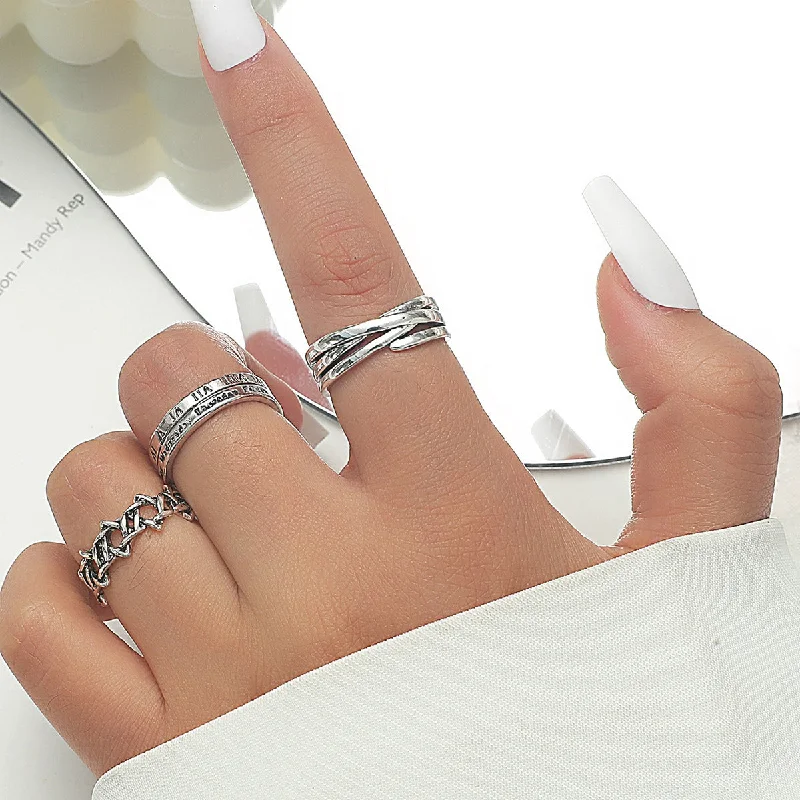 Ladies bridal set rings-Retro Roman Lettering Ring Three-piece Set