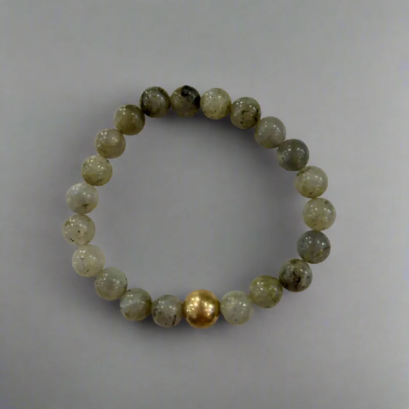 Ladies silver bangle sets-Mila Labradorite and Gold Bead Stacking Beaded Bracelet