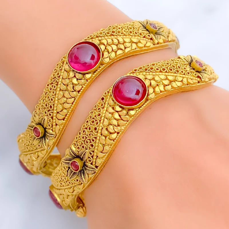 Ladies cuff bracelets-Artistic Brilliant 22k Gold Antique Bangles